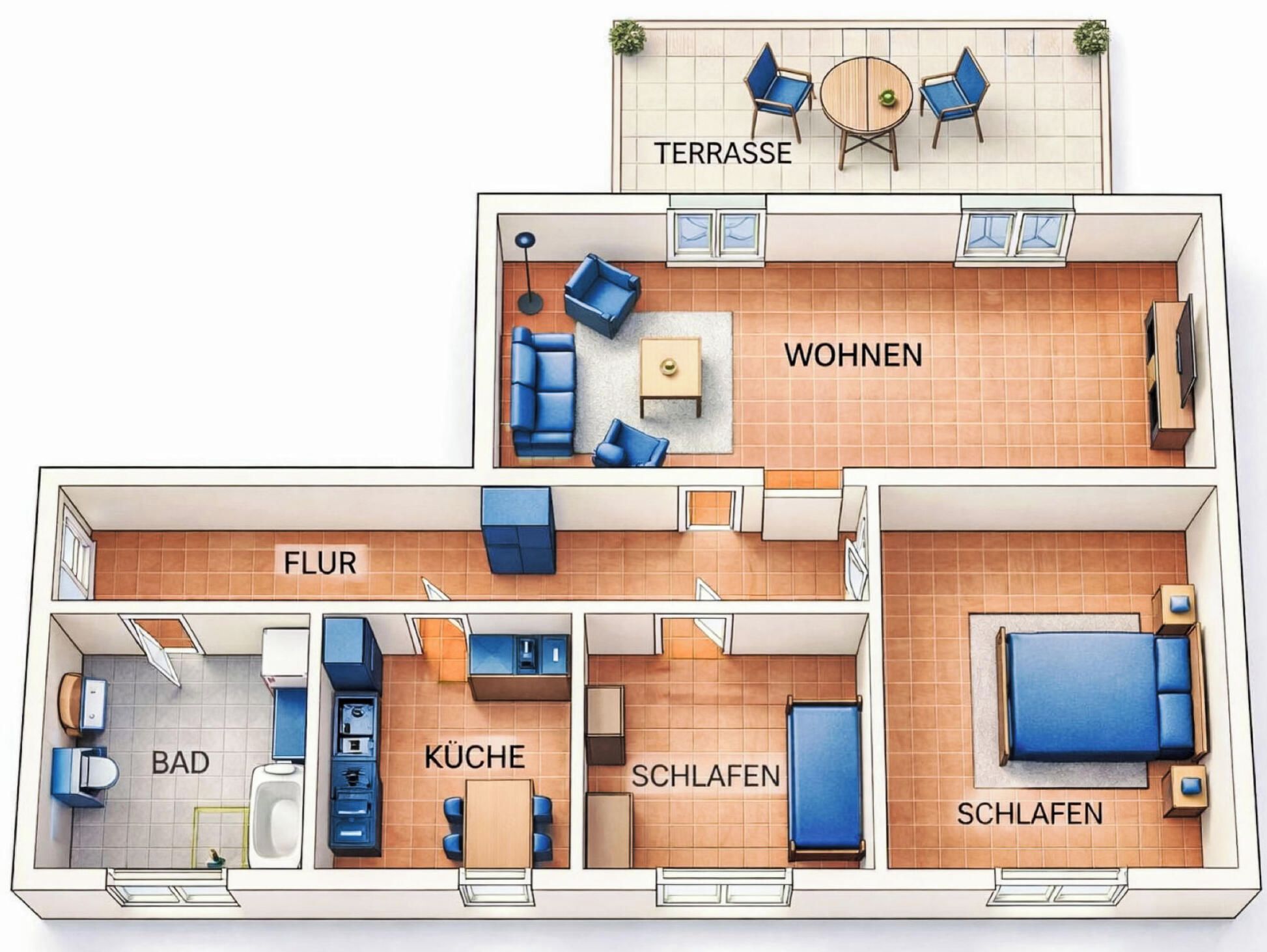 Ein Grundriss eines Hotels mit Terrasse, Wohnzimmer, Küche, Bad und zwei Schlafzimmern.