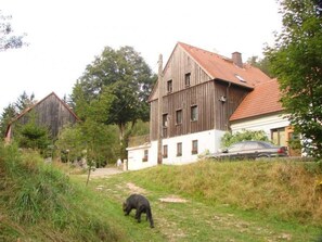 Ein rustikales Holzhaus mit rotem Ziegeldach, umgeben von viel Grün und einem Weg.