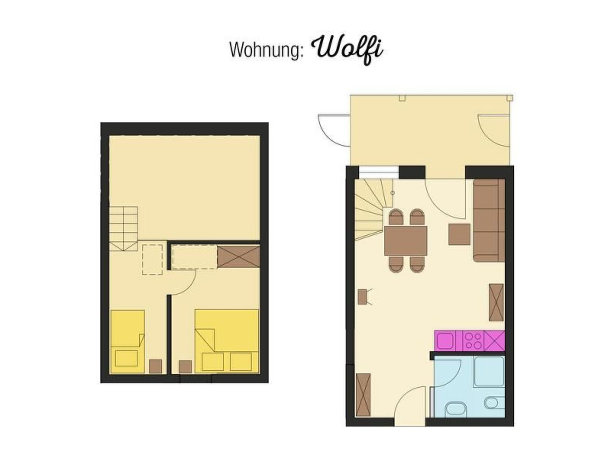 Een plattegrond van een appartement met twee kamers, een keuken, een eetruimte en een kleine zithoek.