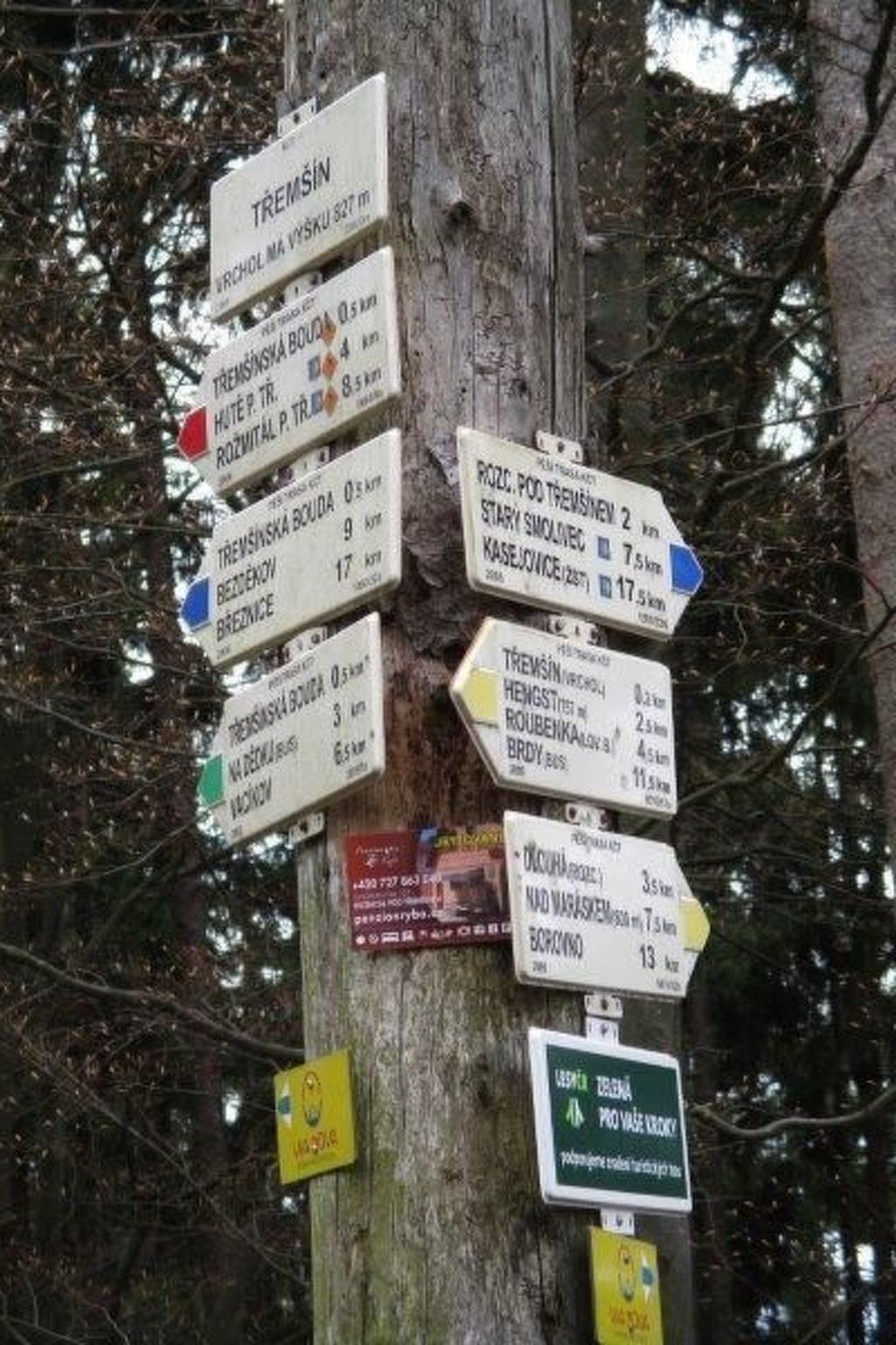 A wooden signpost with multiple directional signs indicating distances to various locations.