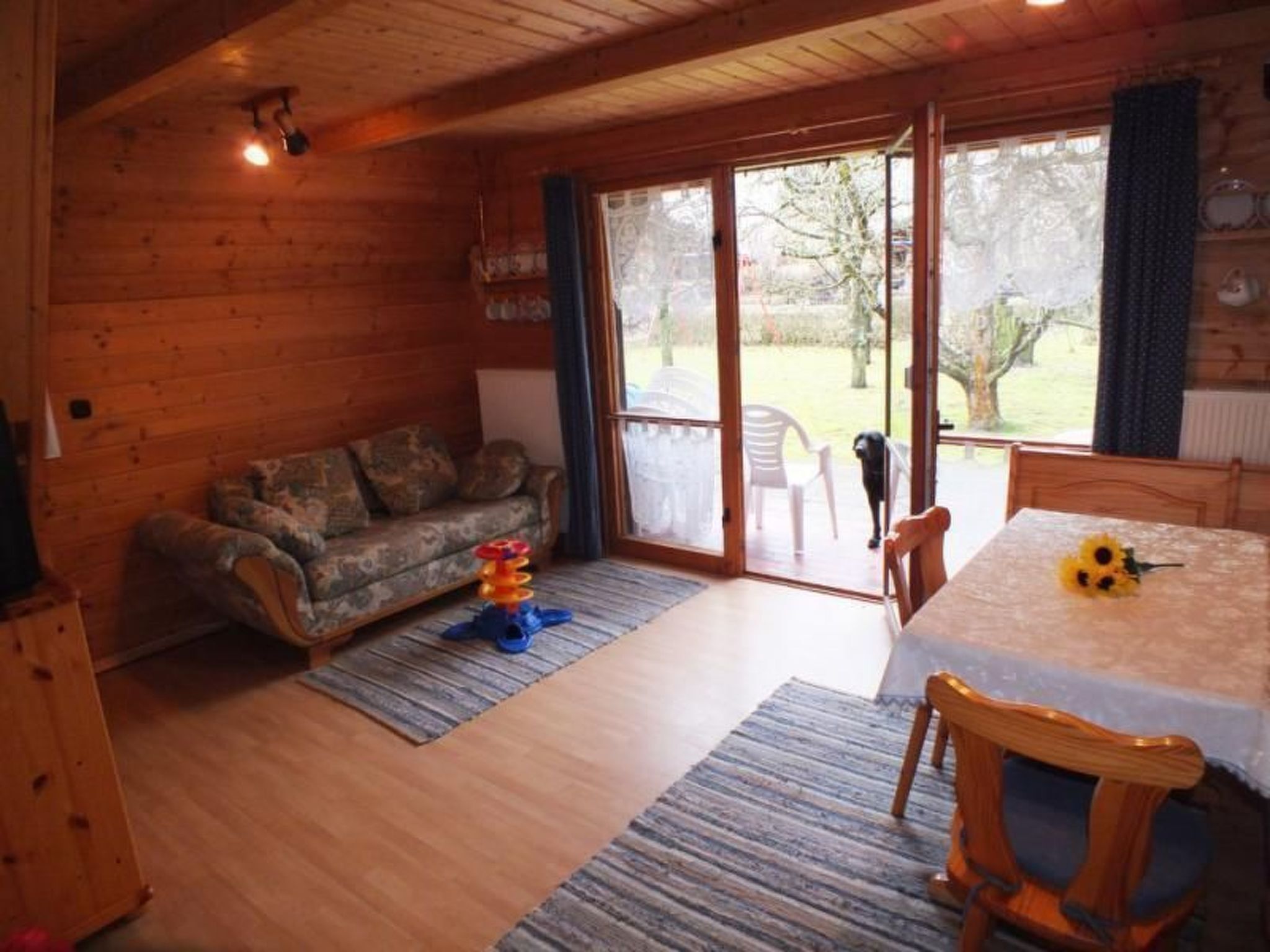 A cozy wooden cabin with a sofa, a dining table with a sunflower decoration, and a view of the outdoors through a glass door.
