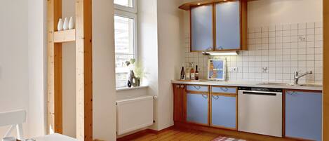 Fridge, oven, dishwasher, cookware/dishes/utensils