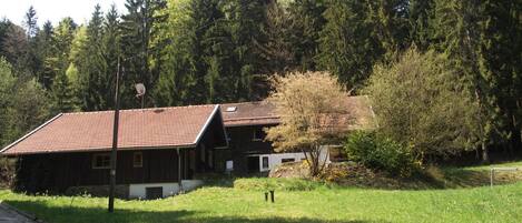 Ein Holzhaus mit Ziegeldach, umgeben von einer Rasenfläche und dichtem Wald.