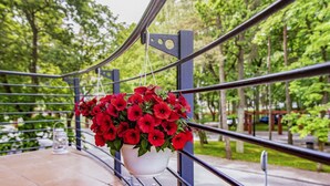En hängande blomkruka med röda blommor som hänger på ett balkongräcke.