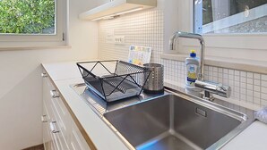 Ett modernt kök med en diskho i rostfritt stål, ett fönster med utsikt över grönområden och en bänkskiva med en metallkorg och en flaska diskmedel.