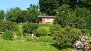 Een klein, gelijkvloers houten vakantiehuisje, omringd door weelderig groen en bomen.
