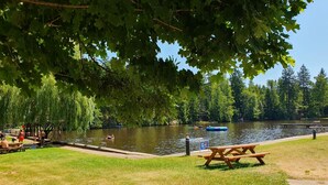 Un parque junto al lago con mesas de picnic, un muelle y gente disfrutando de actividades acuáticas.