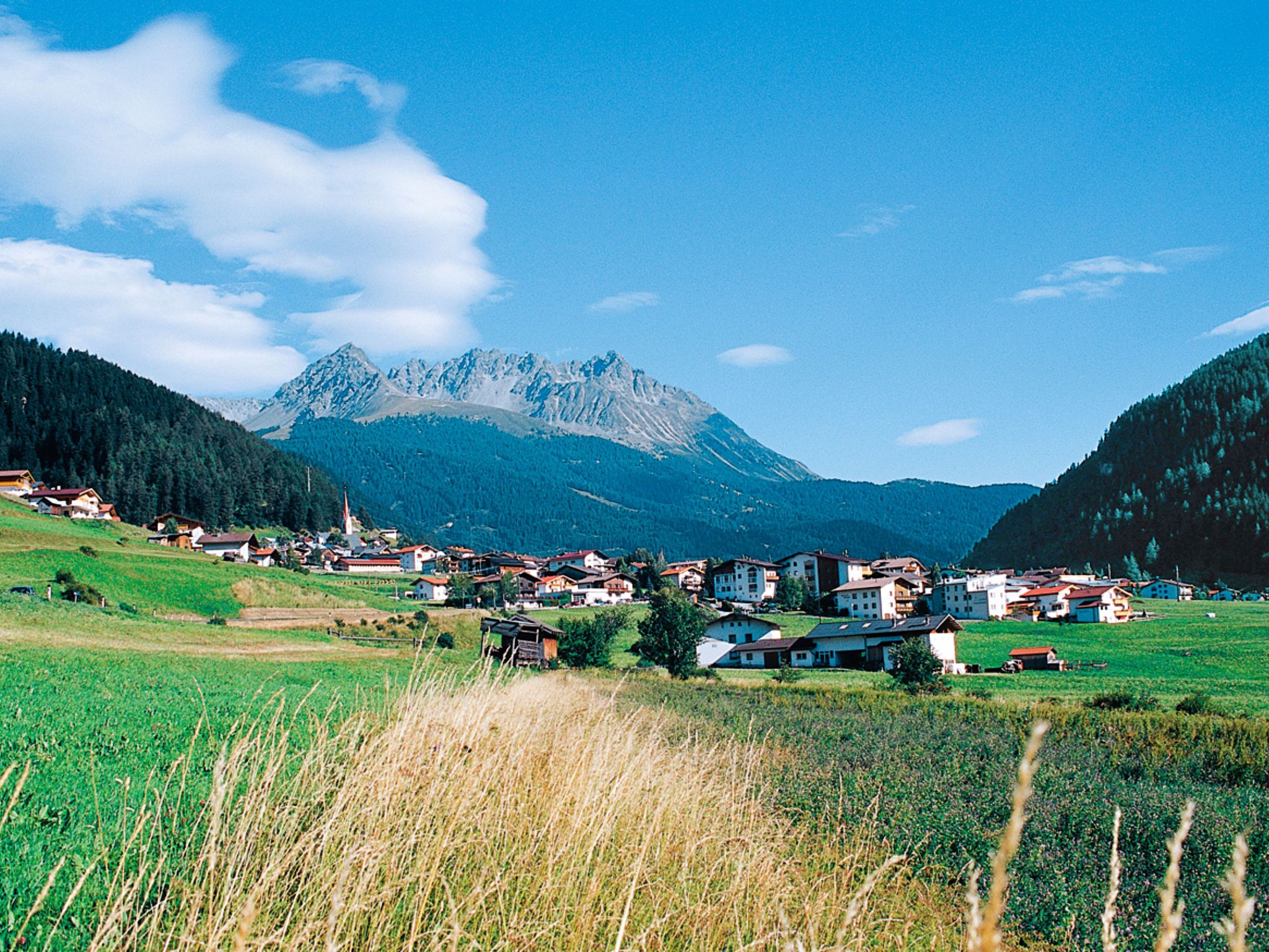 A rural village with houses and a mountain in the background.