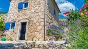 Un edificio in pietra con un piccolo ingresso e persiane blu, circondato da piante fiorite.