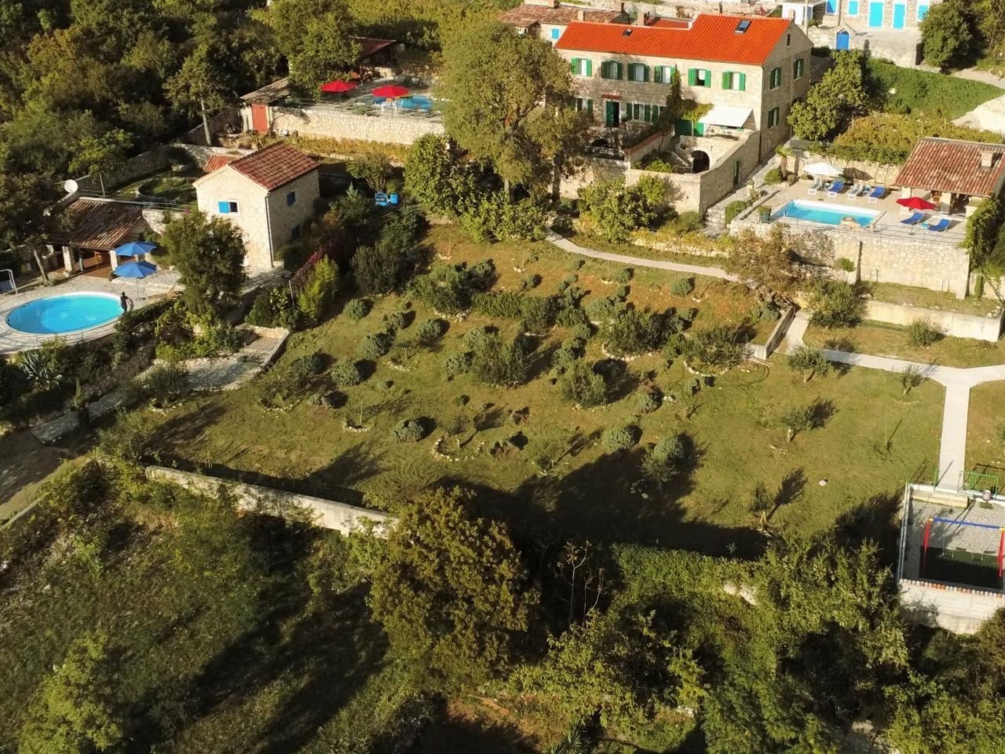 An aerial view of a residential area with multiple houses, a swimming pool, and a well-maintained garden.