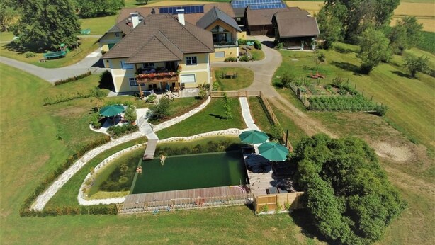 Una casa grande con piscina, paneles solares y un jardín bien cuidado.