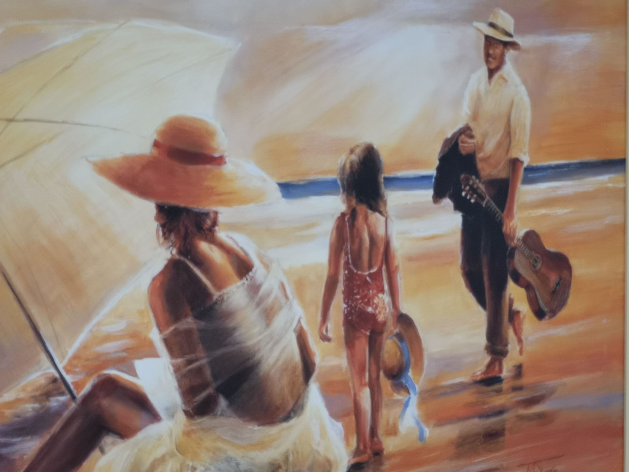 A painting of a beach scene with a woman in a hat, a child, and a man with a guitar.