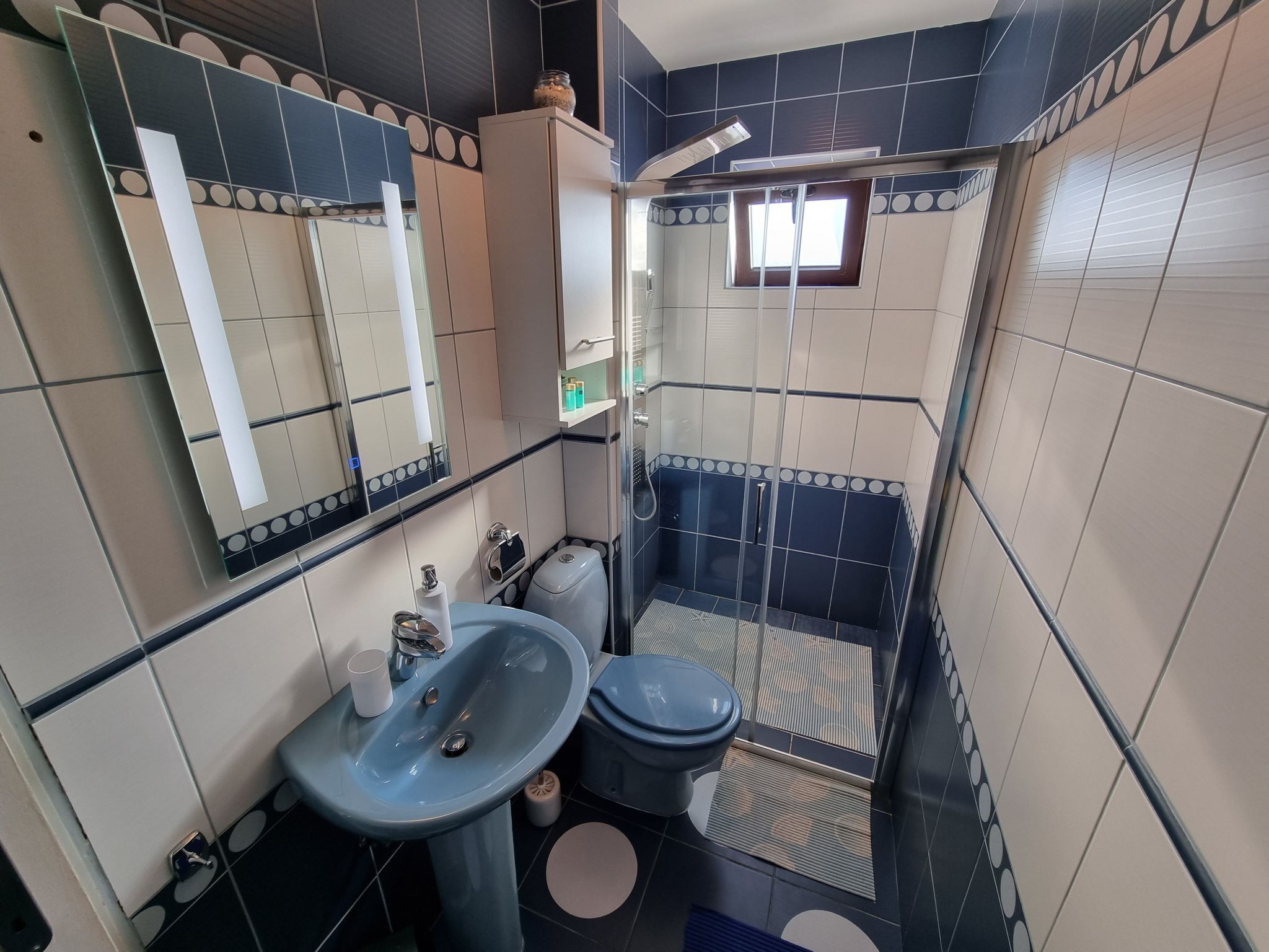 Een kleine badkamer met een wastafel, toilet en douche.