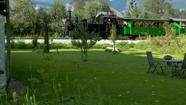 A green train with passengers, moving through a park with grass and trees. - Erdgeschosswohnung in 320 Jahre altem Haus by Interhome (Mariapfarr)