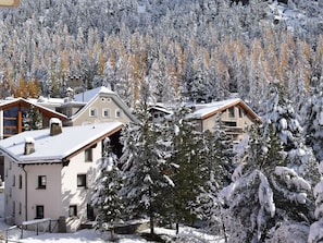 A snow-covered residential area with multiple houses, including a building with a sign that reads "Saldanella." - La Stüerta by Interhome (Pontresina)