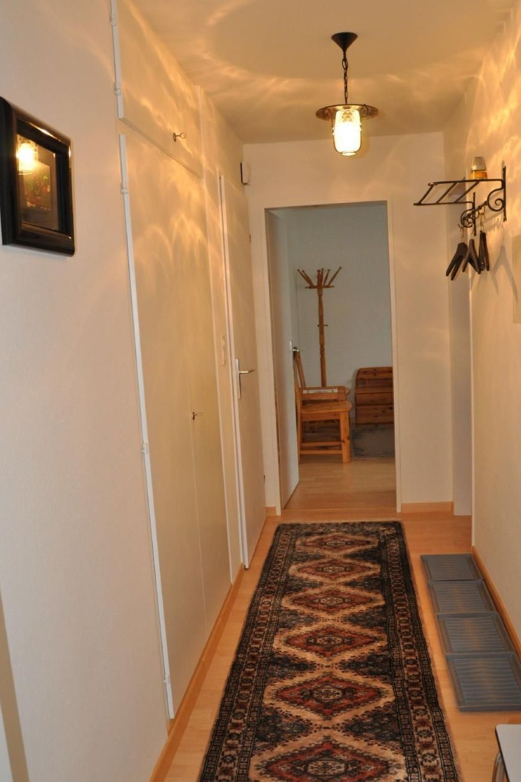 A narrow hallway with a patterned rug, a coat rack, and a door leading to another room.