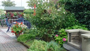 Een tuinpad met een bakstenen rand, een stenen bank en diverse planten en bloemen.