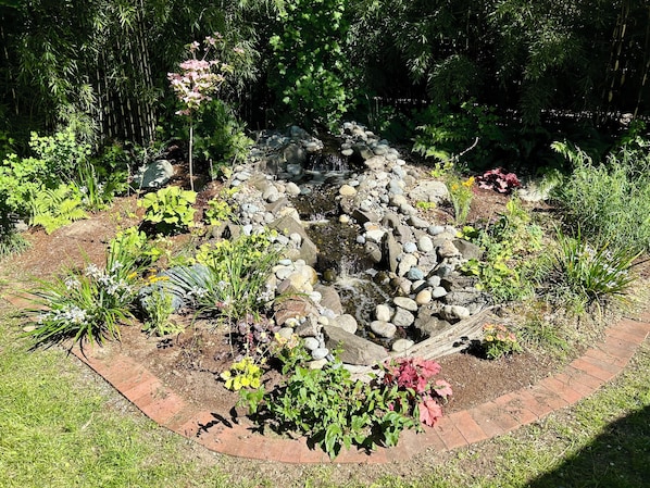 Un jardin agrémenté d’une petite cascade, de différentes plantes et d’un sentier en briques.