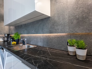 A modern kitchen with a black marble countertop, stainless steel sink, and a built-in range hood. There are two potted plants on the counter and a coffee maker. - Tower 27 - Ihre Ferienwohnung am Meer by Interhome (Swinoujscie)