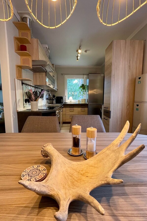 Fridge, oven, dishwasher, cookware/dishes/utensils