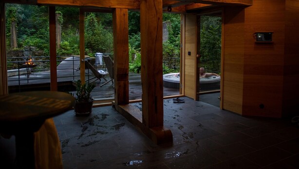 Un intérieur en bois avec un jacuzzi, une table et des chaises, et une vue sur une zone boisée à l’extérieur.