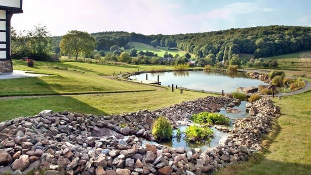 A serene landscape with a pond, a stone pathway, and a building with a sloped roof. - Geräumiges Ferienhaus in Mechelen mit by Interhome (Mechelen)