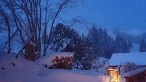 Paisaje nevado nocturno con un farolillo encendido, árboles desnudos y una cabaña al fondo.