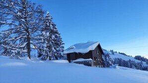 Una cabaña cubierta de nieve con techo inclinado, rodeada de árboles cargados de nieve y un cielo azul despejado.