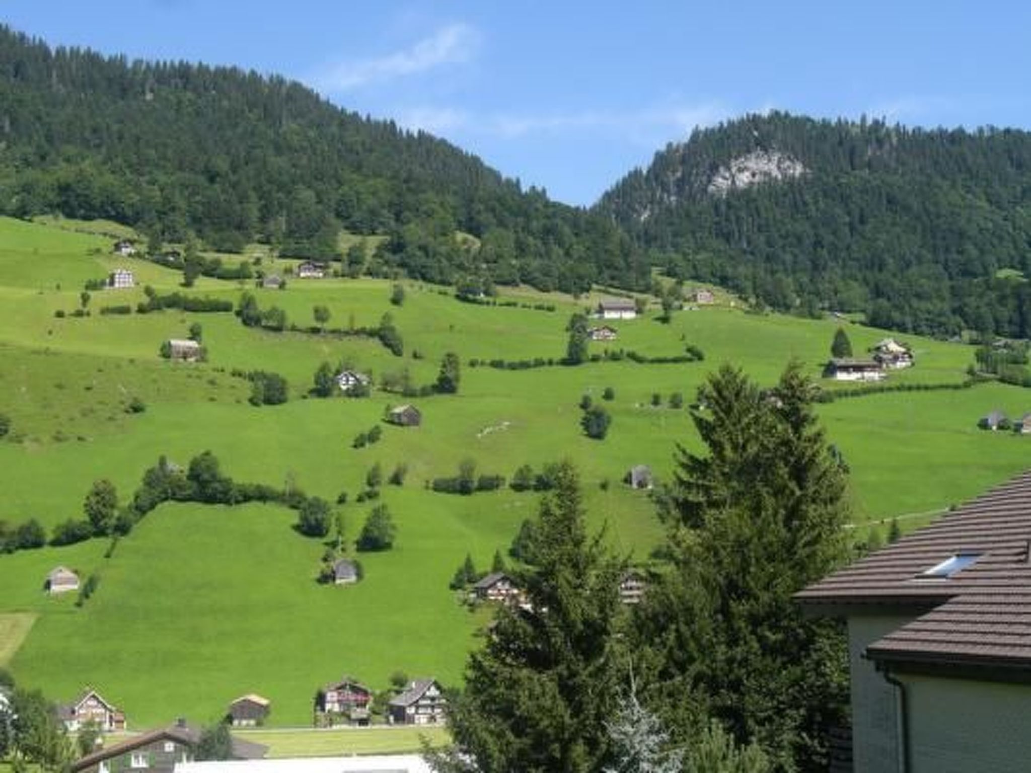 Ländliche Landschaft mit verstreuten Häusern in grünen Feldern, umgeben von bewaldeten Hügeln.