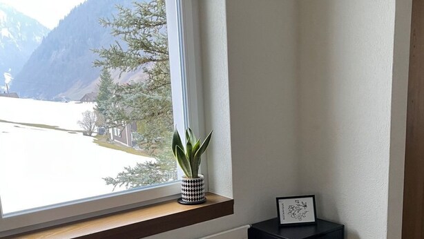 A corner room with a window overlooking a snowy landscape, a small table, and a potted plant.