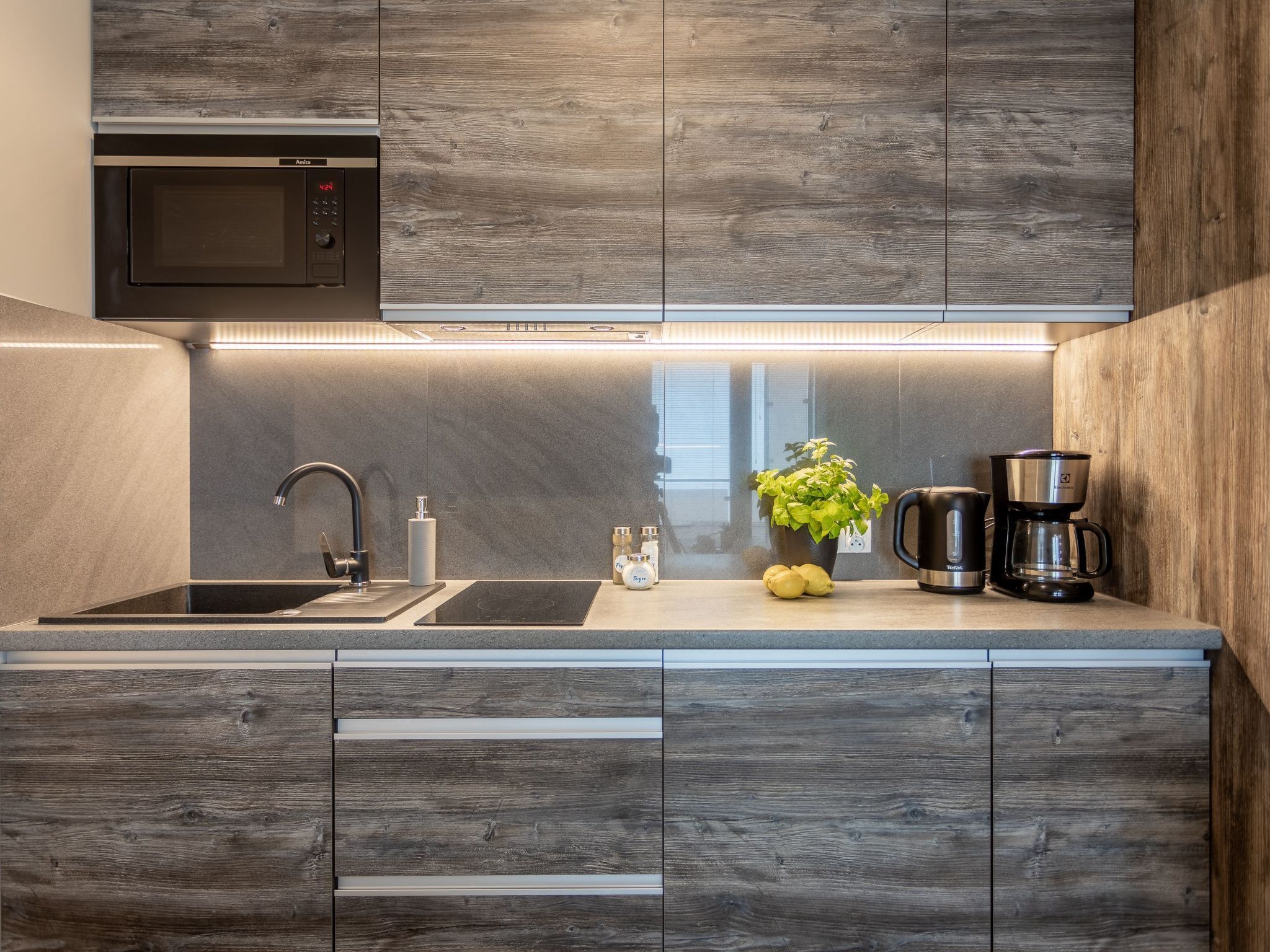 Køleskab, mikrobølgeovn, køkkentøj/tallerkener/redskaber