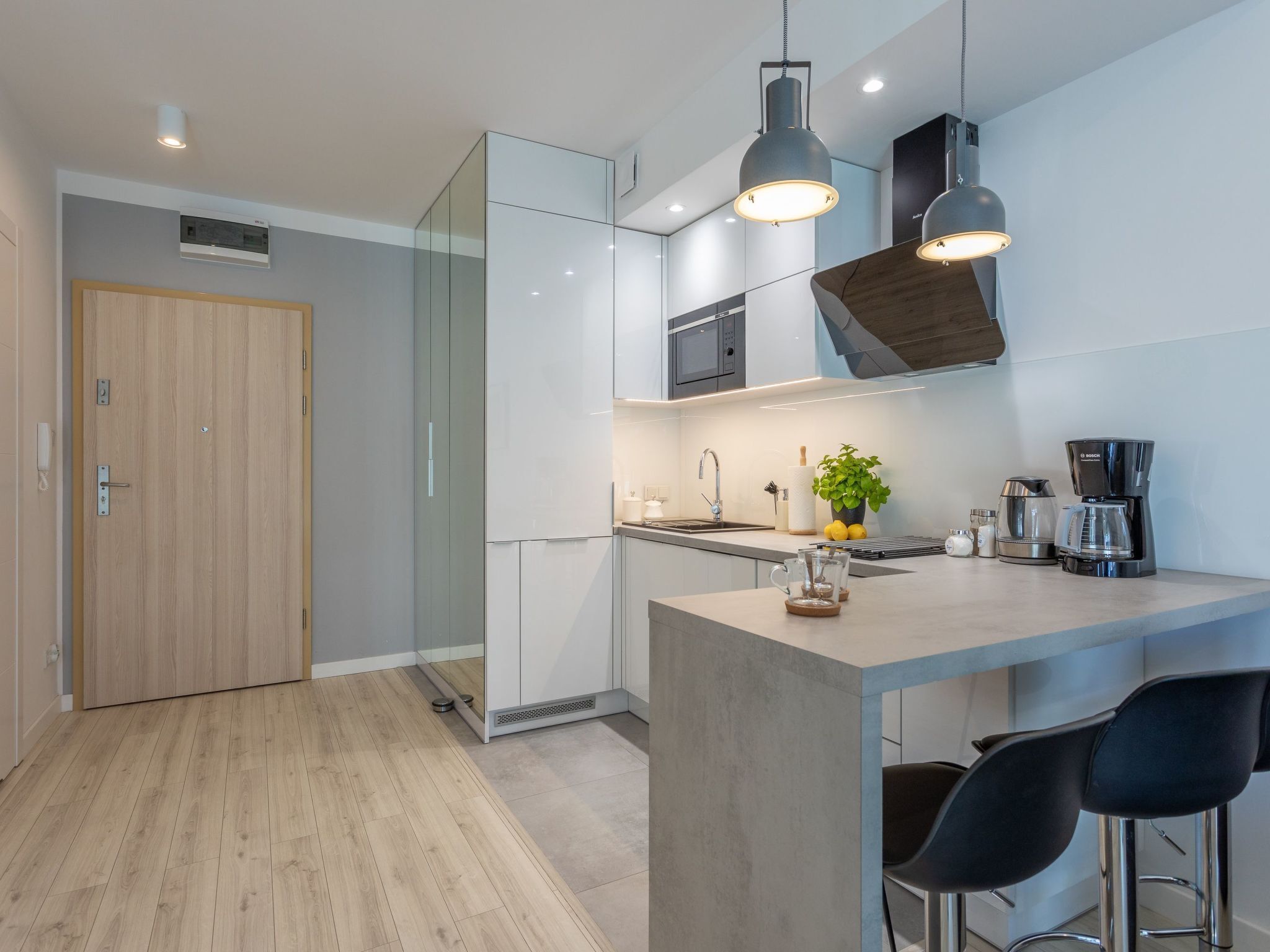 Kühlschrank, Mikrowelle, Geschirrspüler, Kochgeschirr/Geschirr/Besteck