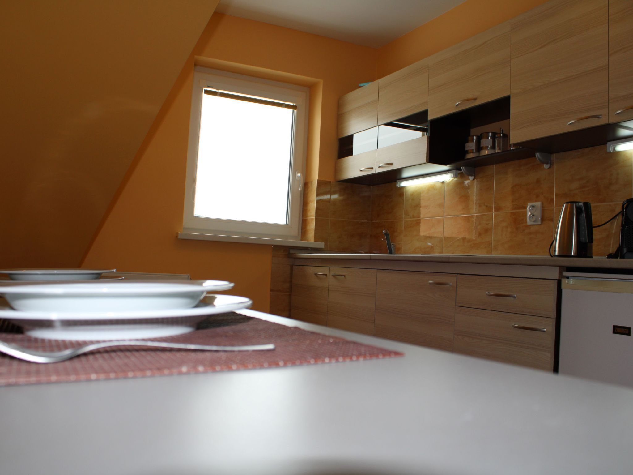 Réfrigérateur, micro-ondes, batterie de cuisine, vaisselle et ustensiles