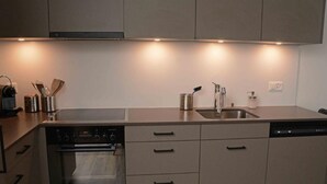 A modern kitchen with a built-in oven, dishwasher, and a stainless steel sink. - Chesa Brünella, Wohnung Belvair by Interhome (Zuoz)