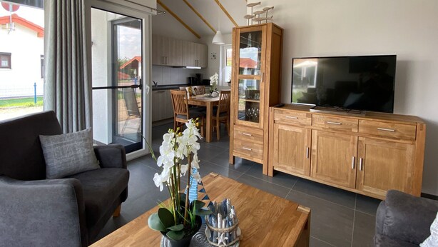 A modern living room with a sofa, a coffee table with a plant, and a TV on a wooden cabinet. - N11 Ferienhaus mit Garten in Eckwarderhörne by Interhome (Burhave)