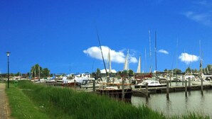 Una marina con imbarcazioni ormeggiate lungo la riva.