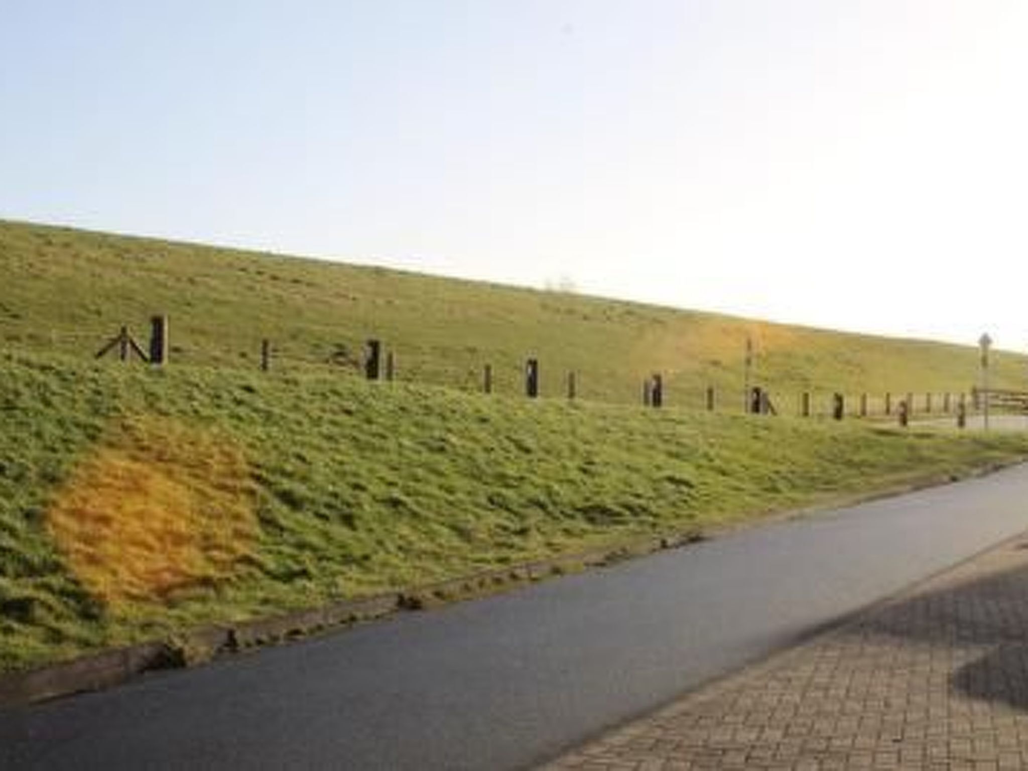 Une route asphaltée, avec un talus recouvert d’herbe d’un côté et une clôture de l’autre.