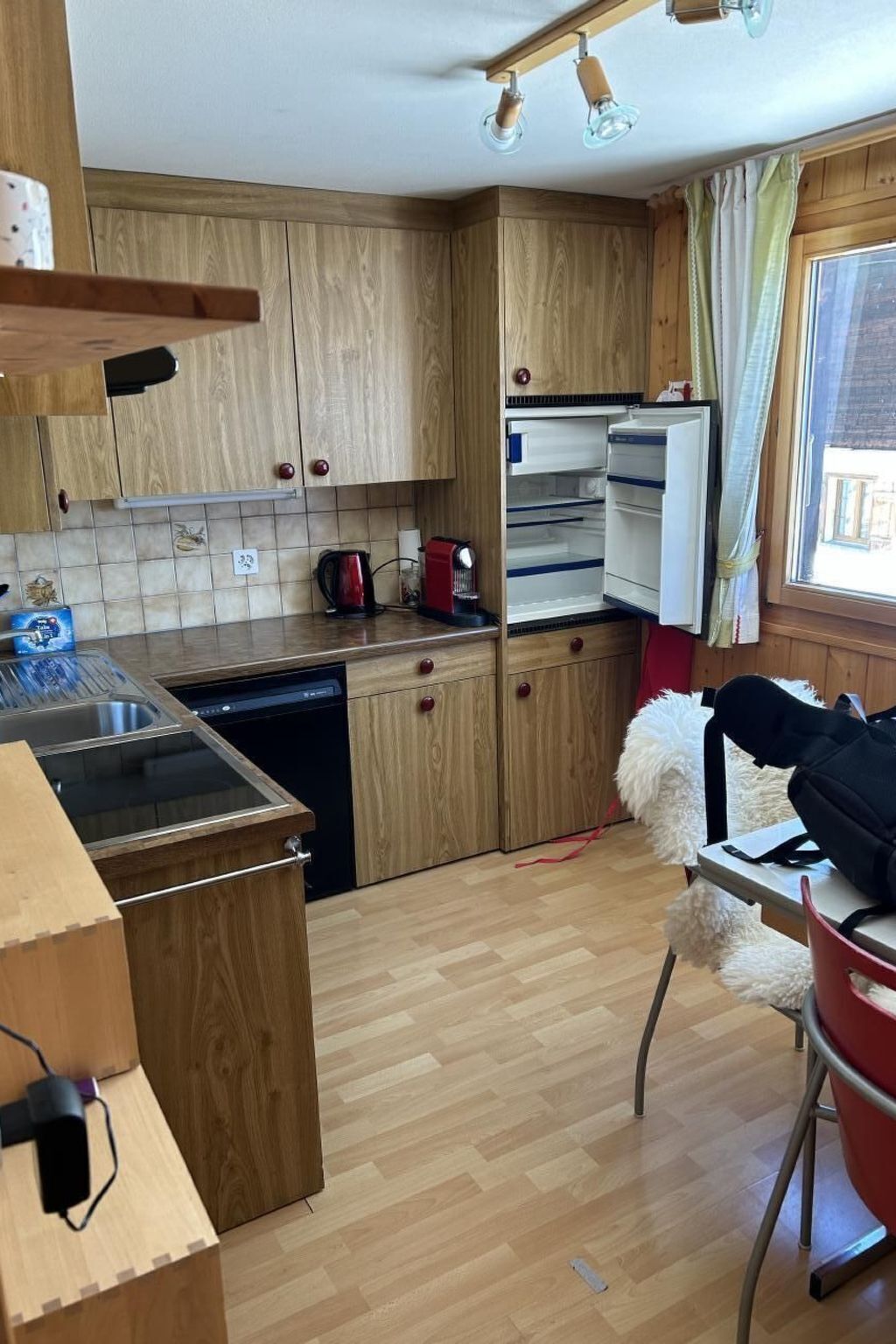 Fridge, oven, dishwasher, cookware/dishes/utensils