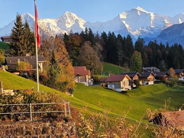 A rural village with traditional houses, a flagpole, and a mountain range in the background. - Chalet Friedheim by Interhome (Beatenberg)