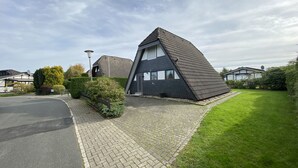 Une maison moderne avec un toit en pente et une allée pavée.