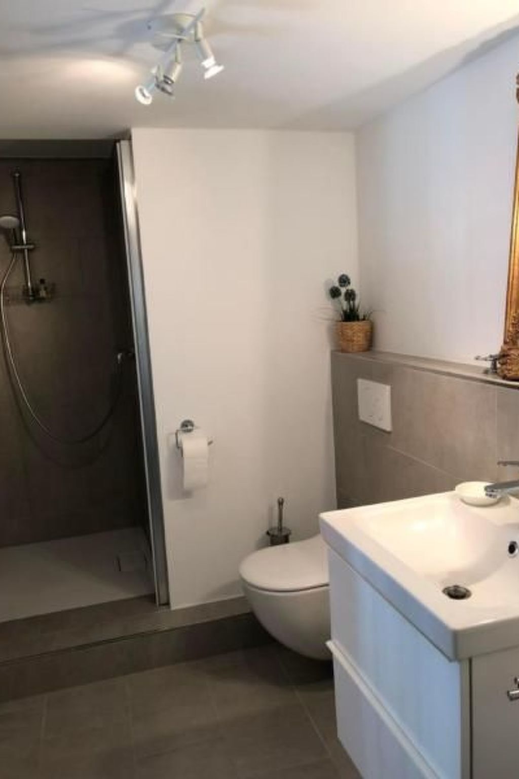 Een moderne badkamer met douche, toilet en wastafel.