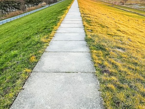 Ein Betonweg, der von grünen und gelben Grasflächen gesäumt wird.