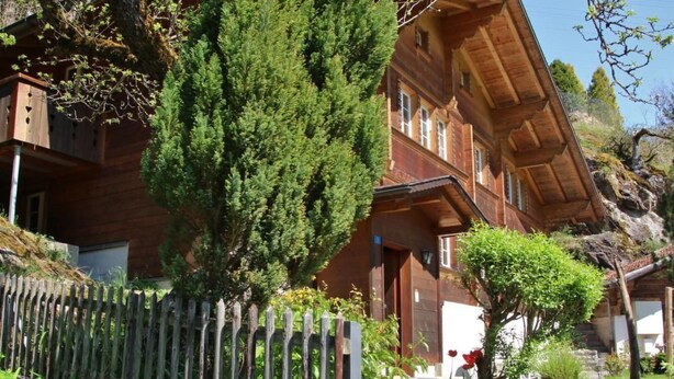 A traditional wooden chalet with a sloped roof, surrounded by lush greenery and a wooden fence. - Chalet 9 by Interhome (Innertkirchen)
