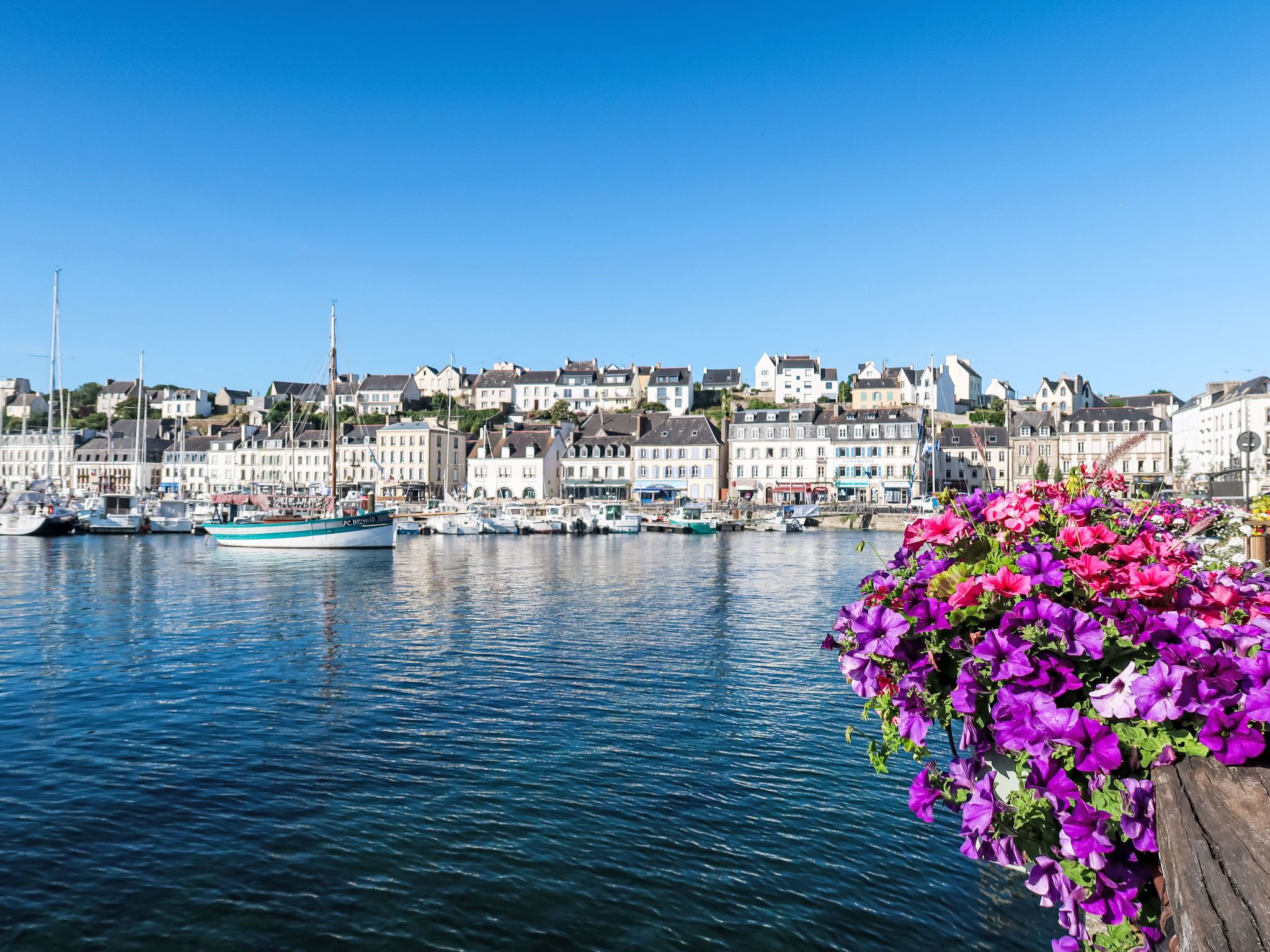 A harbor with boats, a wooden dock, and a row of buildings with a clear blue sky.