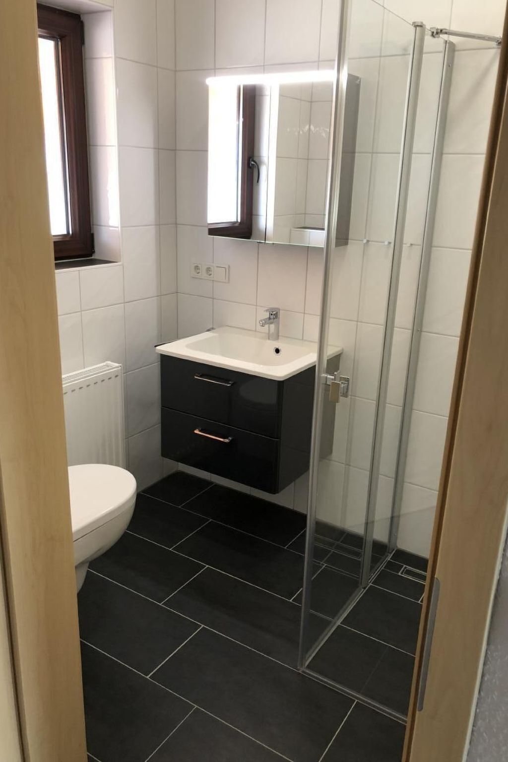 A bathroom with a white toilet, a black sink with a mirror above it, and a glass shower enclosure.