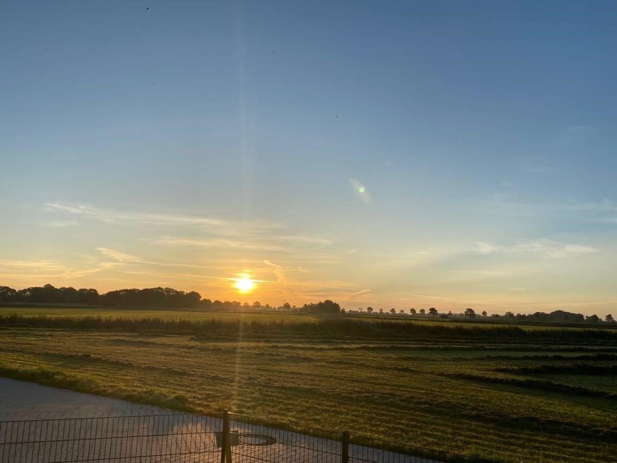 Un paysage rural avec une clôture et un champ au coucher du soleil.