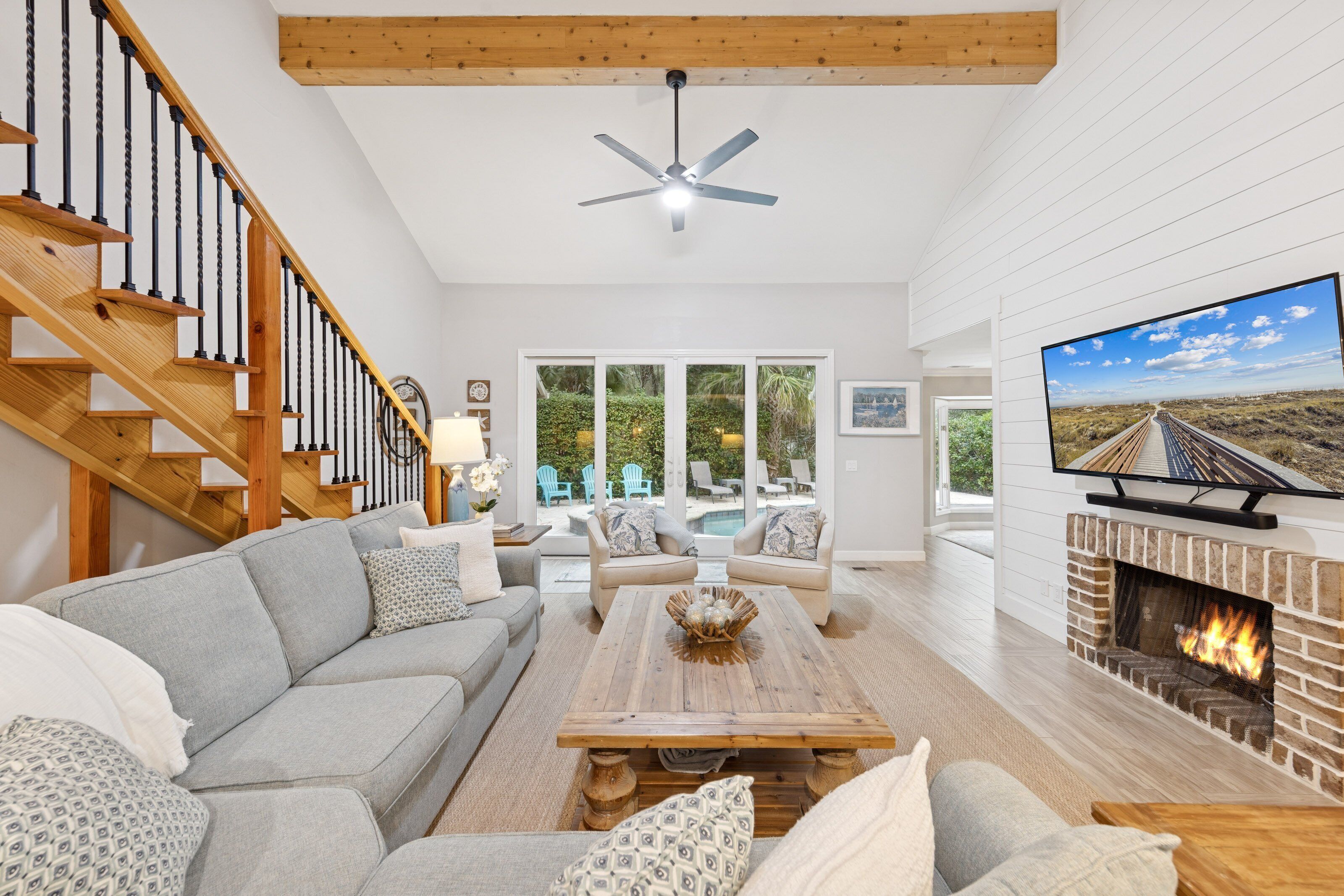 Smart TV, fireplace, books