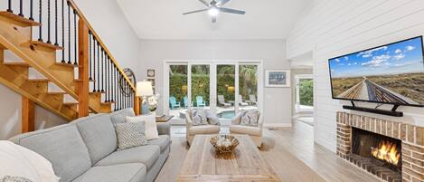 Smart TV, fireplace, books