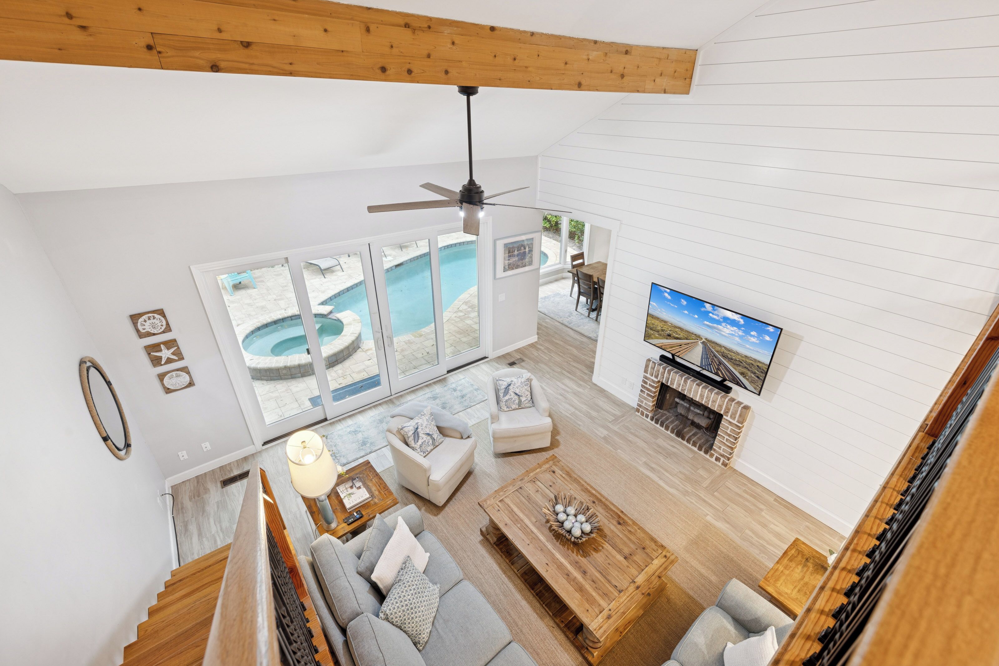 Smart TV, fireplace, books