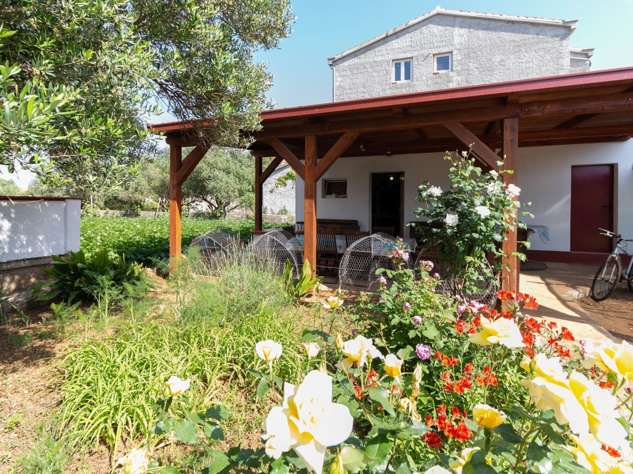 A garden with flowers and a wooden pergola.